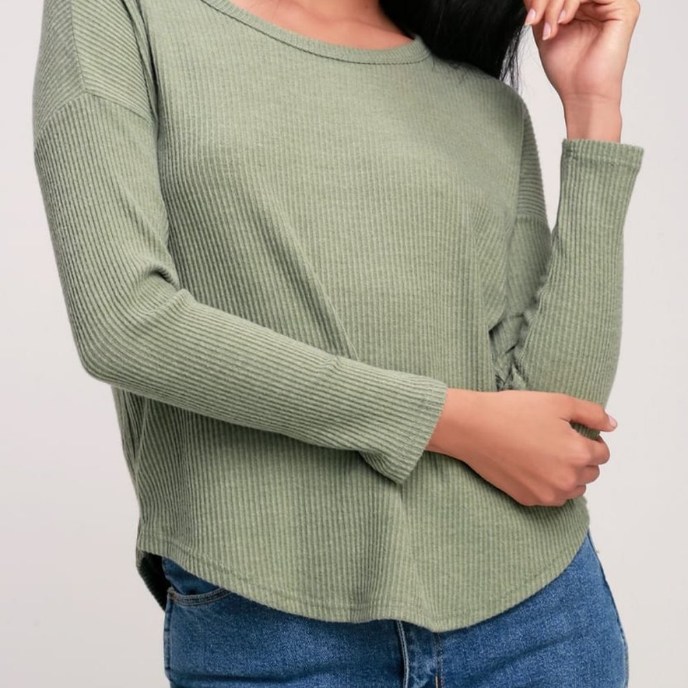 Lulu's Baizen Washed Sage Green Ribbed Long Sleeve
